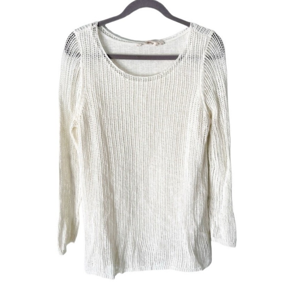 Soft Surroundings Ivory Open Knit Cotton Linen Blend Sweater Size Medium Coastal